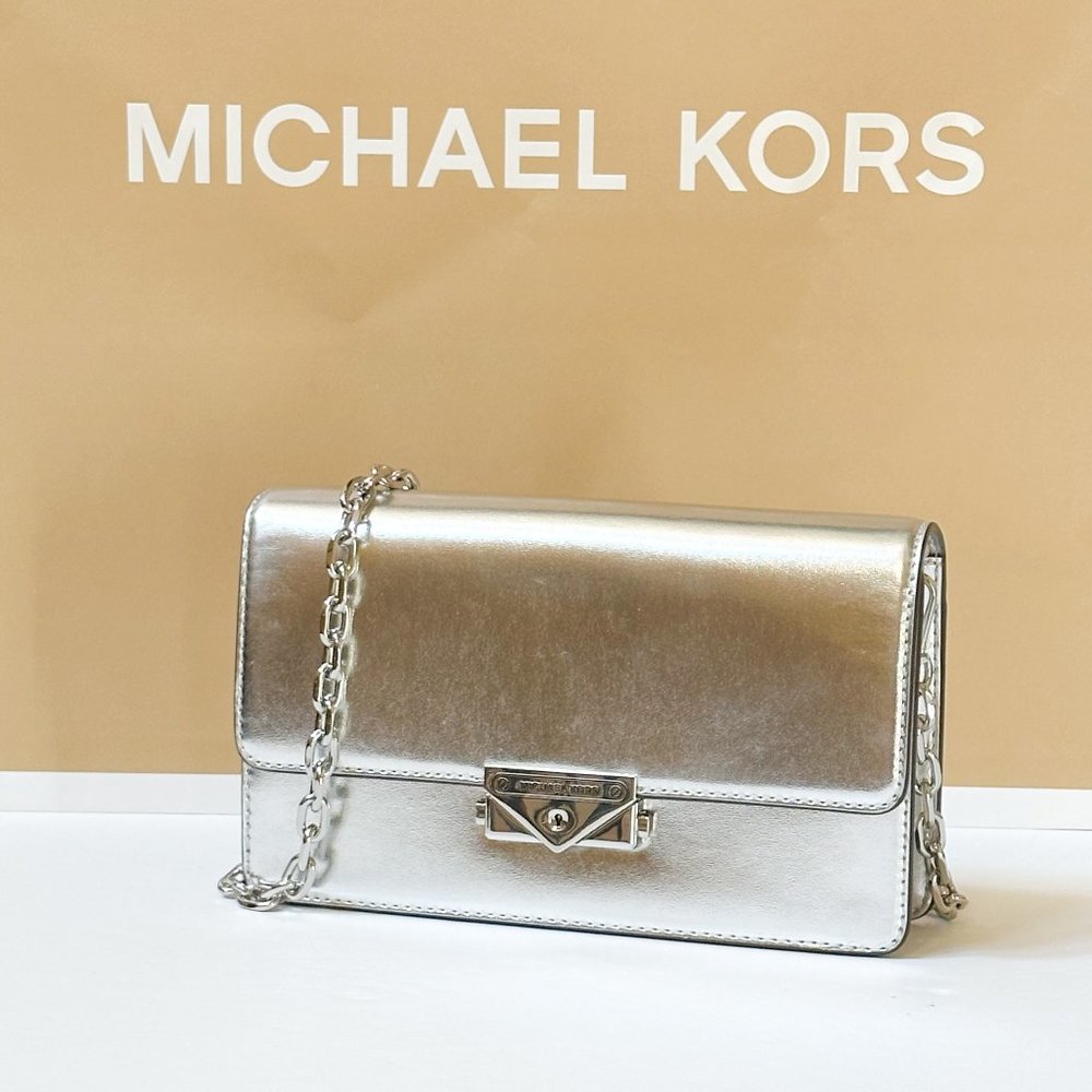 Michael Kors CECE Medium Shoulder Crossbody Bag Clutch Silver